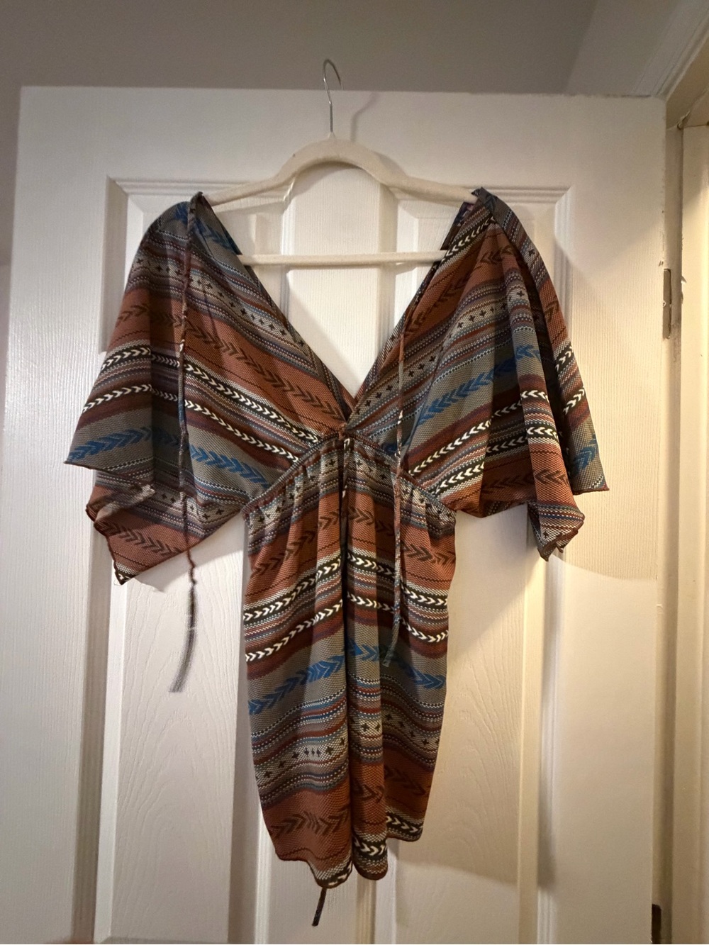 Chris & Carol Rust-Striped Mini Dress with Blue and Cream Accents